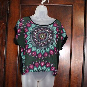 Love Fire Sheer Black Mandala Peacock Feather Crop Top, Medium